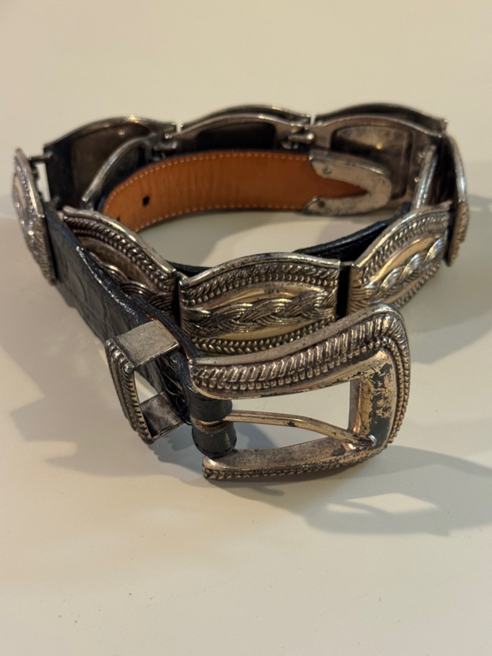 Vintage Brighton Western Leather Belt Chunky Silver Plated Metal Concho Link Bra